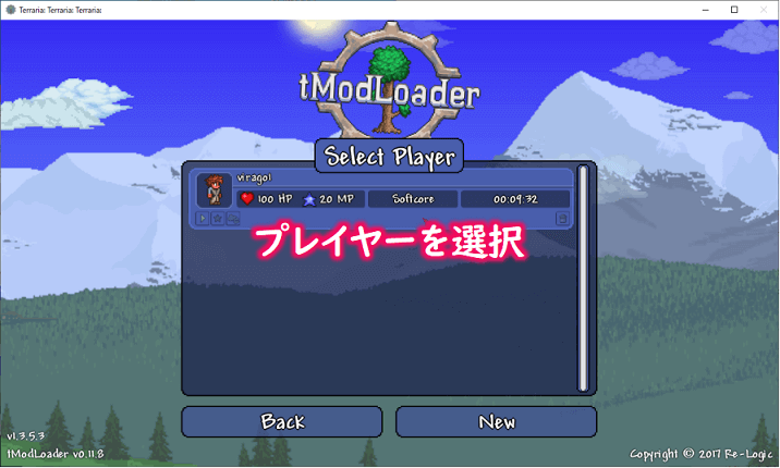 tModLoader起動画面にて参加するプレイヤーを選択