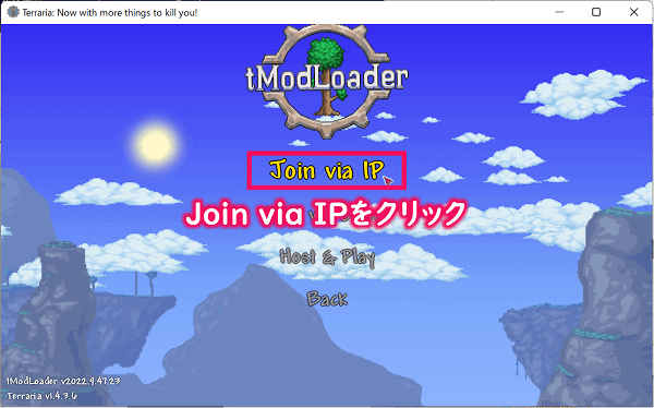 tModLoader起動画面にてJoin via IPをクリック