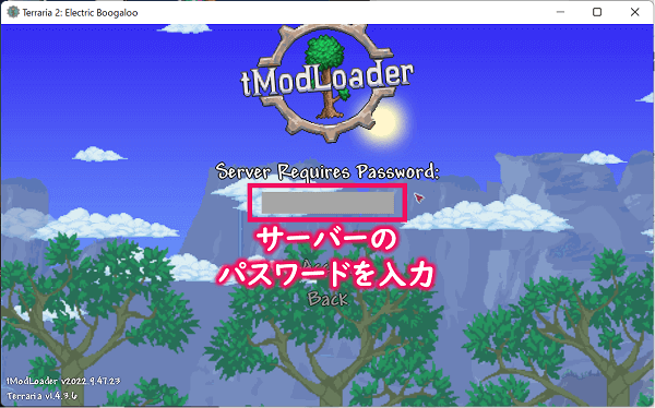 tModLoader起動画面にてサーバーのパスワードを入力