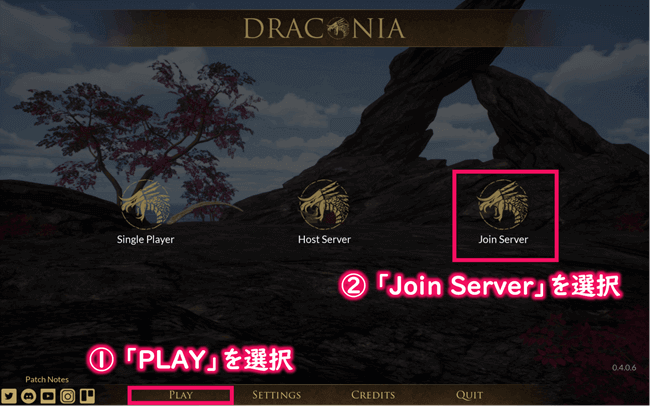 起動画面にてPLAYを選択後、Join Serverを選択