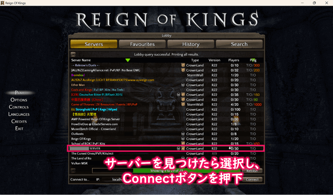サーバー一覧画面にてサーバーが見つかったら選択し、Connectボタンを押下