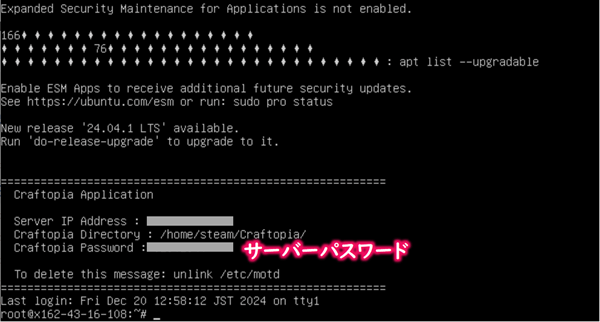 コンソール画面にてサーバーパスワードを確認