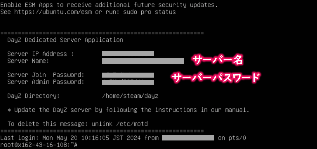 コンソール画面にてサーバーパスワードを確認