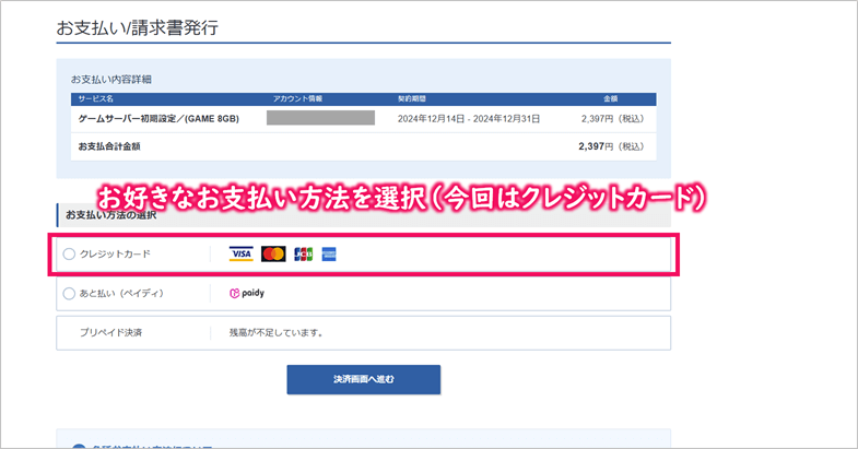 [XServer VPS for Game] 支払い方法選択画面