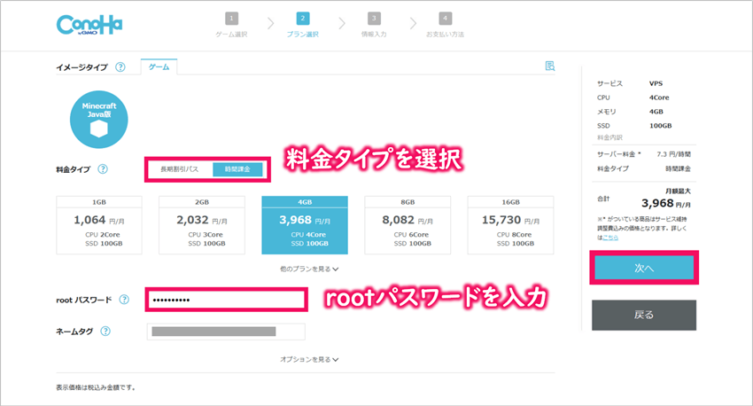 料金タイプ及びrootパスワード入力画面